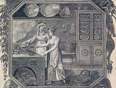 Köchinnen bei der Arbeit, Illustration aus Allgemeines deutsches Kochbuch, 1819