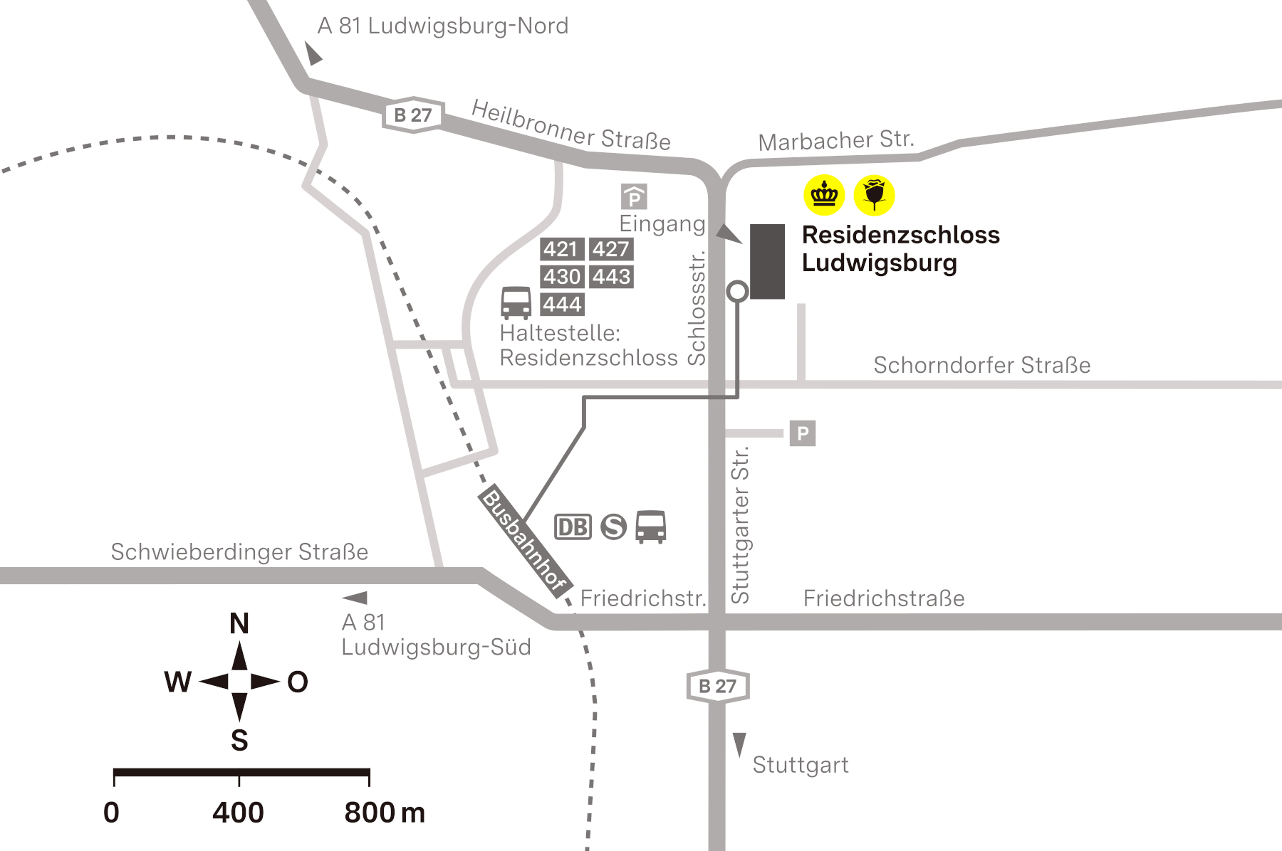 Anfahrtsskizze zum Residenzschloss Ludwigsburg