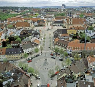 View from the royal stables tower to the south, across the wood market to the marketplace