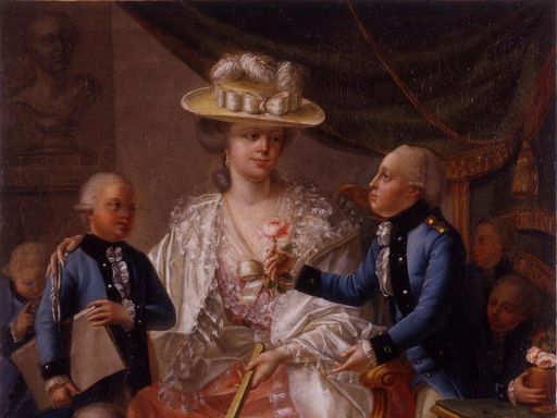 Franziska von Hohenheim zu Besuch in der Hohen Carlsschule, Gemälde von Jakob Friedrich Weckherlin, 1780