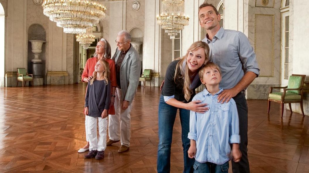 Visitors in the marble hall at Ludwigsburg Residential Palace