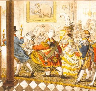 Karikatur zur Vermählung Friedrichs von Württemberg mit Charlotte Auguste Mathilde von England, The Bridal Night, James Gillrays, Radierung und Aquatinta, 1797
