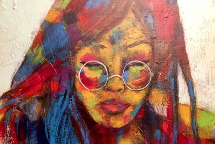 Ein leuchtend farbiges, expressionistisch anmutendes Gemälde von Heidi Eisenbart mit einer Frauenfigur im Mittelpunkt.